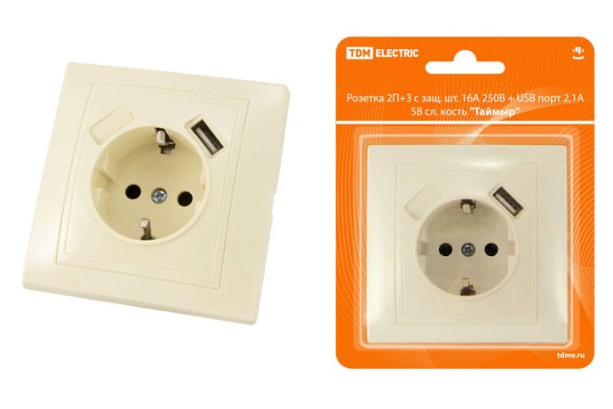 Розетка 2П+З с защ. шт. 16А 250В + USB порт 2,1А 5В сл. кость "Таймыр" | SQ1814-0140 TDM