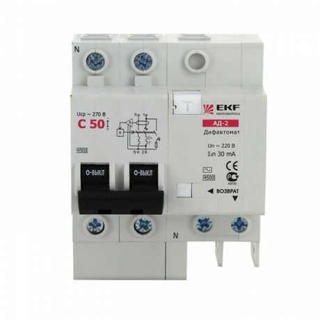 Дифференциальный автомат АД-2 16А/30мА (характеристика C, тип AC) 4,5кА EKF | DA2-16-30