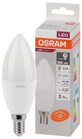 Лампа светодиодная LED Value LVCLB75 10SW/865 10Вт свеча матовая E14 230В 10х1 RU OSRAM 4058075579262