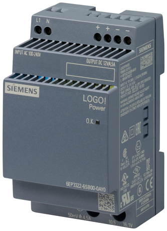 Стабилизированный блок питания LOGO!POWER 12 V / 4.5 A, вход: ~100-240 В, выход: =12 В A - 6EP3322-6SB00-0AY0 Siemens