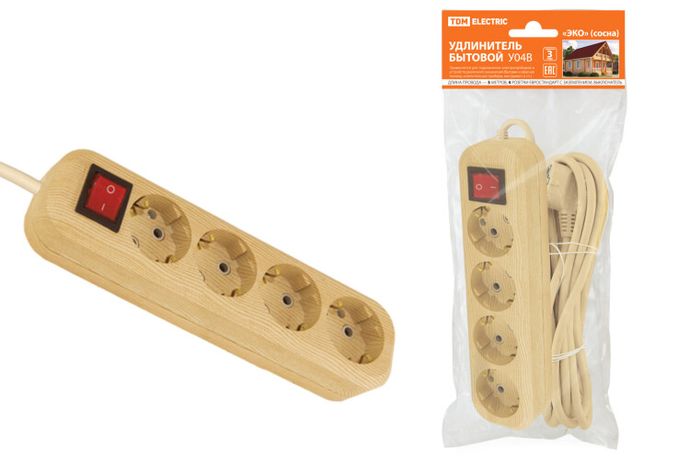 Удлинитель бытовой У04В выключатель, 4 гнезда, 5метров,2П+3, ПВС 3х1мм2 "Эко" (сосна) 16А/250В | SQ1303-2112 TDM