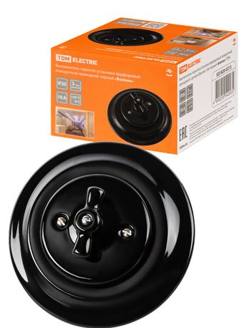 Выключатель скрытой установки фарфоровый поворотный проходной с ручкой (бантик) 10А черный «Болонь» | SQ1820-0213 TDM