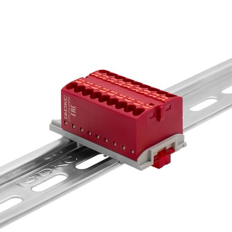 Блок распределительный с вертикал. адаптером на рейки шириной 15/35мм зажим push-in 18 точек подключения 2.5кв.мм красн. DKC DTP1-018-04SPUR-V ДКС