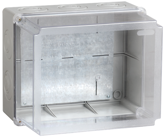 Коробка КМ41348 распаячная для открытой проводки 240х195х165мм IP55 (RAL7035 монтажная плата кабельные вводы 5 шт) - UKO10-240-195-165-K53-55 IEK