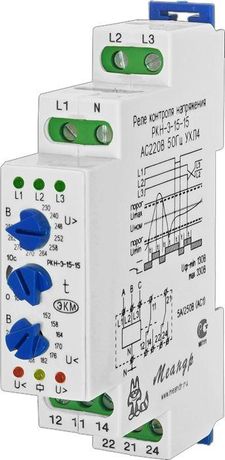 Реле контроля напряжения 3ф РКН-3-15-15 УХЛ4 AC 230В/AC 400В 4-х проводная схема включения задержка срабатывания 0.1...10с ток контактов исполнит. 8А 2п Меандр A8302-16933945