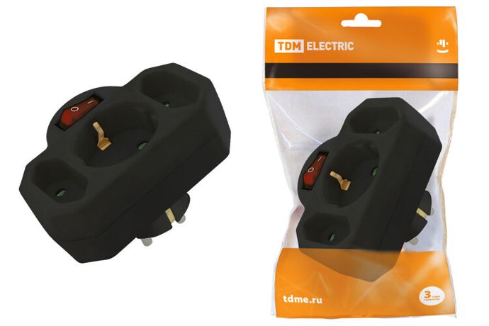 Блок на 3 гнезда с выключателем индикацией: 1x2П+3 16А+2х2П 2,5А под плоскую вилку 250B черный | SQ1806-0302 TDM