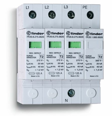 Устройство защиты от импульсных перенапряжений УЗИП тип 2 (3 варистора + 1 искровый разрядник); модульный, ширина 70мм; степень IP20 FINDER 7P2482751020