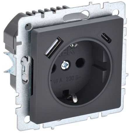 Розетка BRITE РЮш11-1-БрГ 16А с USB A+C 18Вт заземл. защ. шторки графит IEK BR-R14-16-U22-018-K53