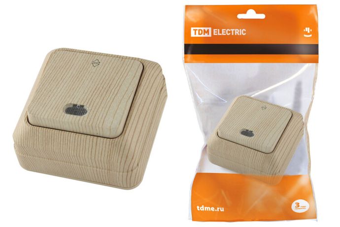 Переключатель на 2 направления 1-кл. открытой установки с подсветкой IP20 10А, сосна "Ладога" | SQ1801-0048 TDM