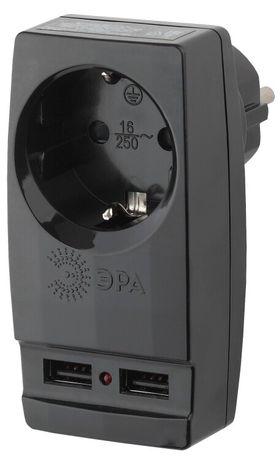 Адаптер ''Polynom'' 1гн 220V + 2xUSB 2100mA, c заземл, (черный) (10/60/1440) SP-1e-USB-B '' - Б0026333 ЭРА