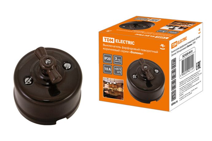 Выключатель фарфоровый поворотный с ручкой (бантик) 10А коричневый «Болонь» | SQ1820-0410 TDM