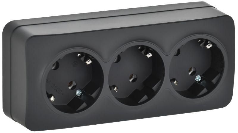 Розетка 3-м ОП GLORY РС23-3-ХЧм 16А с заземл. без защ. шторок черн. матов. IEK ERH31-K02M-16