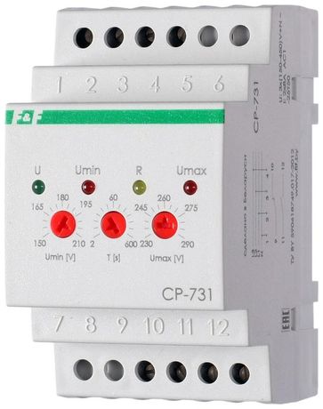 Реле напряжения CP-731 (трехфазный; микропроцессорный; контроль верхнего и нижнего значений напряжения; асимметрии; чередования фаз; монтаж на DIN-рейке 35мм 3х400/230+N 2х8А 1Z 1R IP20) F&F EA04.009.005 Евроавтоматика