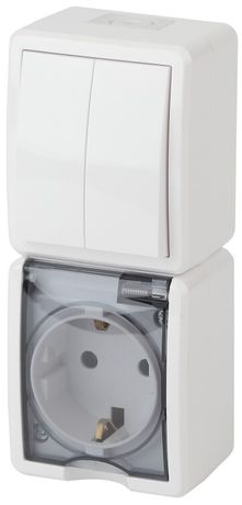 Блок розетка+выключатель 2-клавишный вертикальный IP54, 16A(10AX)-250В, ОУ, 11-7408-01 Эра Эксперт, Белый | Б0036006