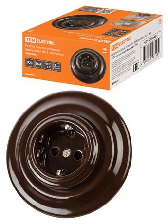 Розетка скрытой установки фарфоровая 2П+З 16А 250В коричневая «Болонь» | SQ1820-0422 TDM