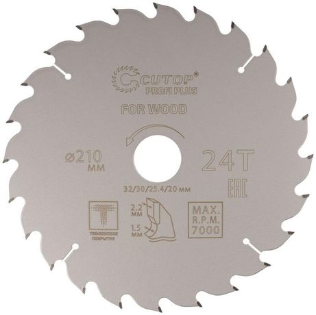 Диск пильный по дереву с тефлоновым покрытием 24Т, CUTOP Profi plus, 210 х 1,5/2,2 32/30/25,4/20 мм - 75-21024Т РОС