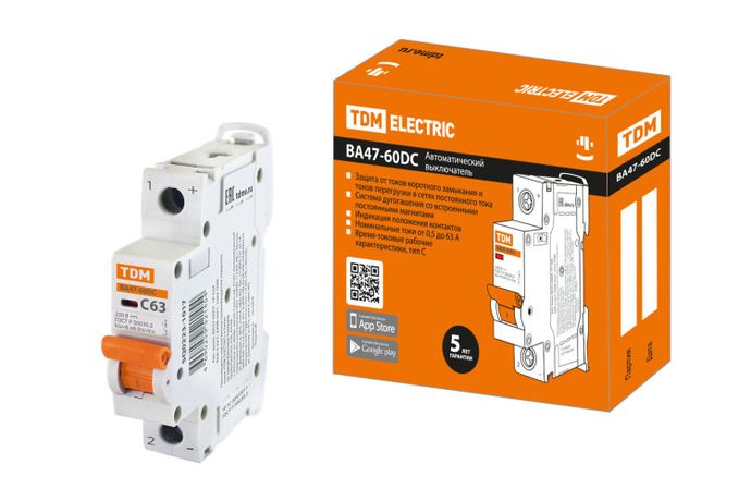 Выключатель автоматический однополюсный ВА47-60DC 1P 63А 6кА х-ка С | SQ0223-1017 TDM