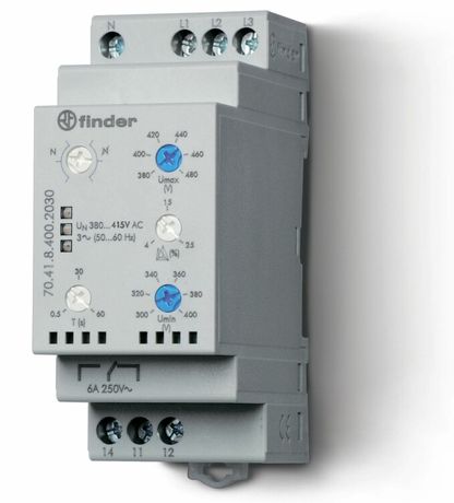 Контрольные реле 3-фазы, пониженное/повышенное напряжение, настраиваемые диапазоны, обрыв/чередование/асимметрия фаз, контроль нейтрали, ширина – 36мм, 1CO 6A - 704184002030 FINDER