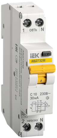 Выключатель автоматический дифференциального тока АВДТ32М 1п+N 10А C 30мА тип AC (1 мод) | MAD32-5-010-C-30 IEK