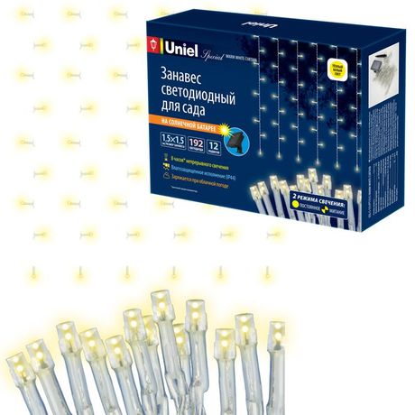 Занавес садовый на солнечной батарее USL-S-131/PT1515 WARM WHITE CURTAIN 192 светодиода Теплый белый свет 1хАА Ni-Mh аккумулятор в/к IP44 - UL-00006538 Uniel