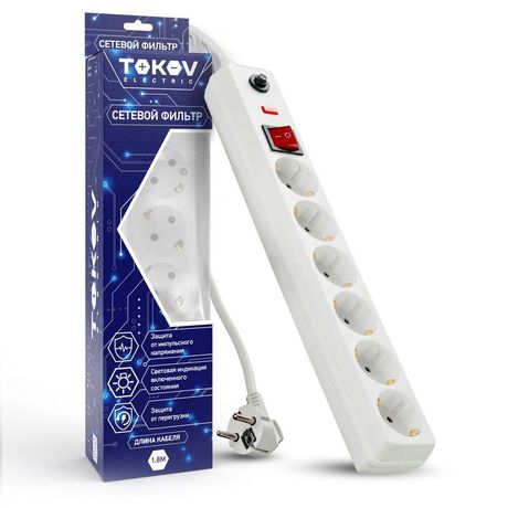 Удлинитель с сетевым фильтром 6х1.8м заземл. выкл. 16А защ. от скачков напр. и перегрузок 3х1 бел. TOKOV ELECTRIC TKE-C01-SF6-1.8-ZV