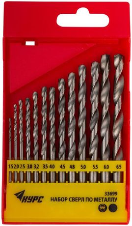 Набор сверл HSS по металлу 1.5; 2; 2.5; 3; 3.2; 3.5; 4; 4.5; 4.8; 5; 5.5; 6; 6.5мм полированные (13 предметов) КУРС 33699