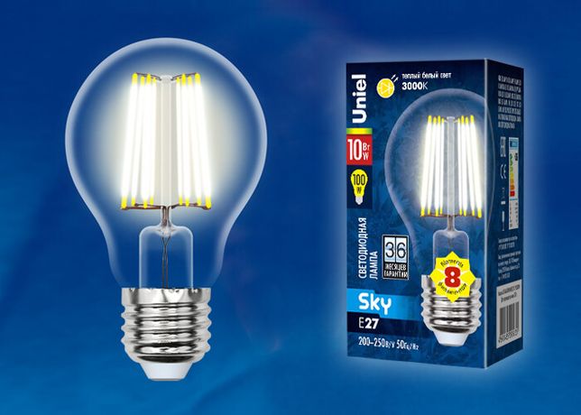 Лампа светодиодная LED-A60-10W/WW/E27/CL грушевидная PLS02WH форма "A" прозр. Sky свет теплый бел. 3000К упак. картон Uniel UL-00002625