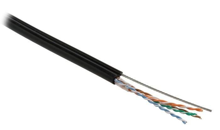 Кабель UUTP4-C5E-S24-SW-OUT-PE-BK-500 витая пара U/UTP кат.5e 4 пары 24 AWG ож (solid) с метал. тросом внешн. PE (-40град.С - +60град.С) черн. (уп.500м) Hyperline 236321
