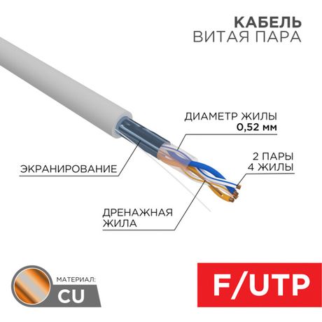 Кабель витая пара F/UTP, CAT 5e, ZH нг(А)-HF, 2х2х0,52 мм, 24AWG, INDOOR, SOLID, серый, 305 м REXANT PRO | 02-0022 MEET