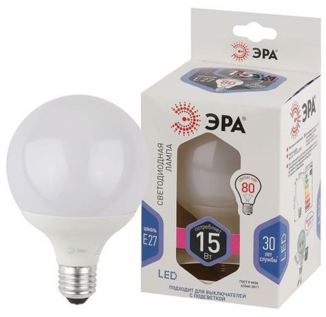 Лампа светодиодная LED G95-15W-6000K-E27 (диод, шар декор, 15Вт, холод, E27) (20/560) | Б0049079 ЭРА
