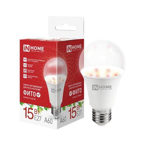 Лампа светодиодная LED-A60 PRO-ФИТО 15Вт полный спектр E27 В230 IN HOME 4690612065687 IN HOME арт. 4690612065687