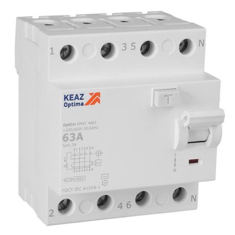 Выключатель дифференциального тока (УЗО) без защиты от сверхтоков 4П 63А 300мА AС 4,5кА OptiDin DM63-4463-AC-4,5-УХЛ4 - 343905 КЭАЗ