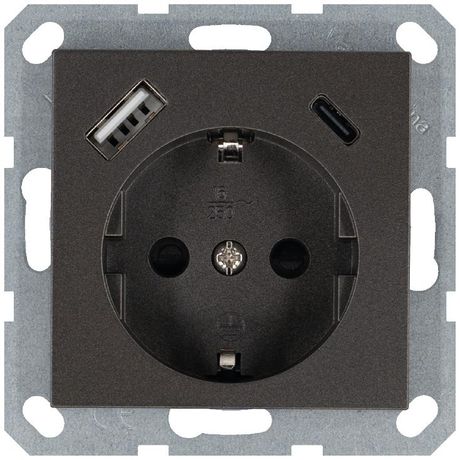 Розетка Shuko 16А с заземл. защ. шторки 2-мя заряд. устройствами USB тип A+C 25Вт механизм мокко Jasmart G5501USB-25Z