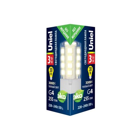 Лампа светодиодная прозрачная Теплый белый свет (3000К) LED-JC-220/3W/3000K/G4/CL GLZ09TR - UL-00006742 Uniel