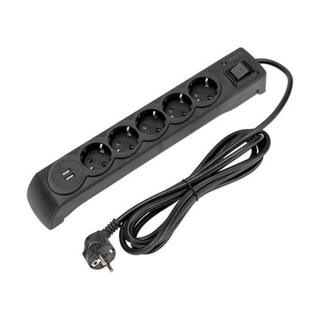 Удлинитель с сетевым фильтром 5х3м автовыкл. 2 USB КГ 3х1.5кв.мм черн. Kranz 13-4702