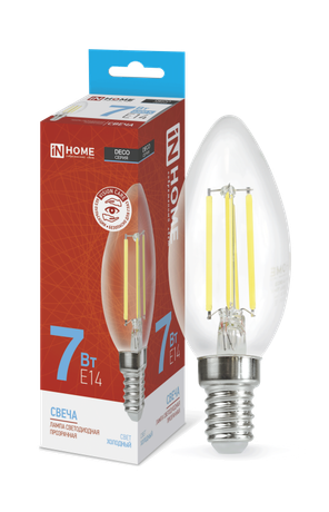 Лампа светодиодная LED-СВЕЧА-deco 7Вт свеча прозрачная 6500К холод. бел. E14 810лм 230В IN HOME 4690612029665
