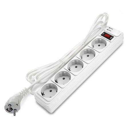 Удлинитель с сетевым фильтром 5х3м заземл 10А 2.2кВт IP20 2хUSB ПВС 3х1 выкл. бел. DOMTOK 2565