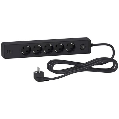 Удлинитель UNICA EXTEND 5 розеток 2К+З кабель 3м 2 USB черн. SchE ST945U3B Schneider Electric