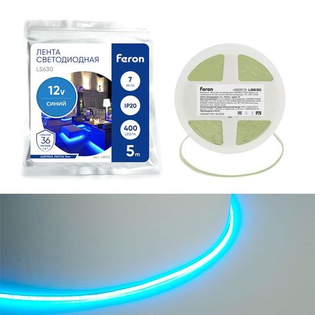 Лента светодиодная 400SMD(2110)/ 7Вт/м 12V 5000*3*1.8мм синий, IP20, LS630 FERON | 48953