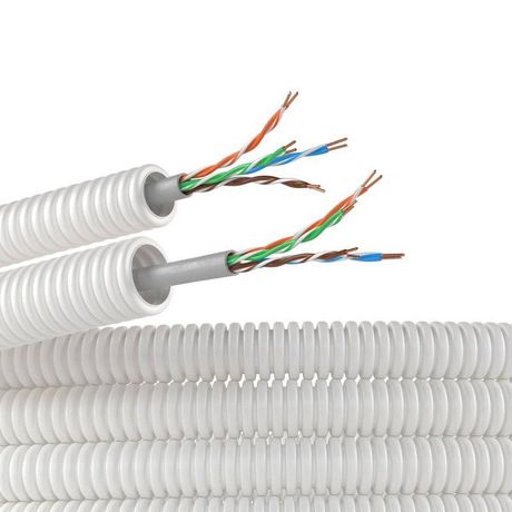 Элетротруба из ПЛЛ не содержит галогенов гибкая гофрированная д.16мм цвет белый с кабелем витая пара 5EU/UTP нг(А)-HF 50м - 8EU81650HF ДКС