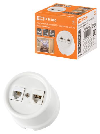 Розетка телефонная RJ11 + компьютерная RJ45 белая «Болонь» | SQ1820-0052 TDM