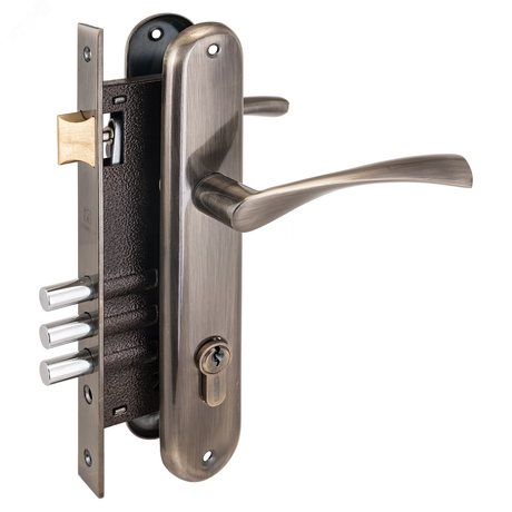 Замок врезной цилиндровый с ручками для деревянных дверей, АЛЛЮР 0203 AB старая бронза - 1014 ПТК