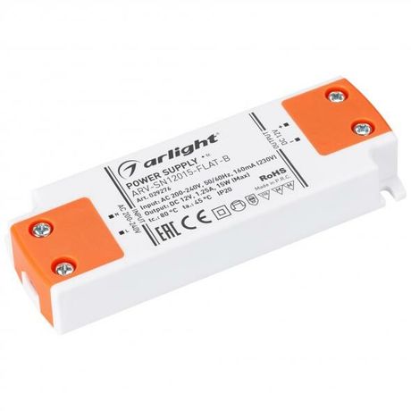 Блок питания ARV-SN12015-FLAT-B (12V, 1.25A, 15W) (Arlight, IP20 Пластик, 3 года) | 029276 Arlight