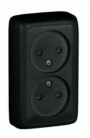 Розетка открытой установки, двухместная, с изолирующей пластиной, цвет черный | РА16-143-08 HEGEL