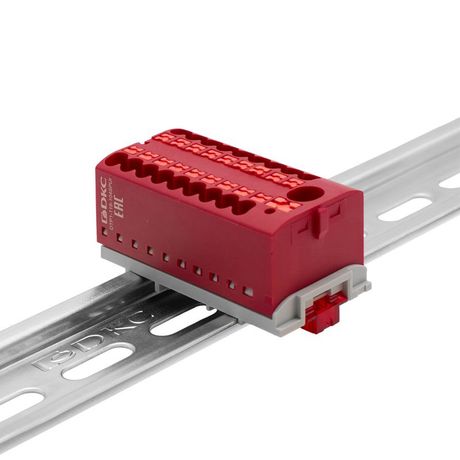 Блок распределительный с верт. адаптером на рейки шириной 15/35мм, зажим push-in, 1 ввод 6 кв.мм, 18 точек подключения 2,5 красный - DTP1-118-104SPUR-V ДКС