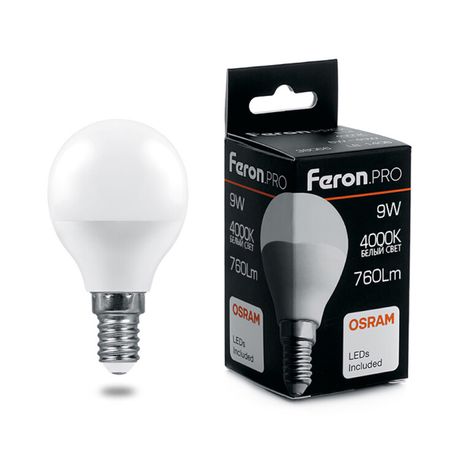 Лампа светодиодная .PRO LB-1409 Шарик E14 9W 4000K OSRAM LED | 38078 Feron