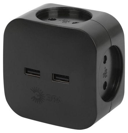 Эра Б0049536 Разветвитель электрический SP-4-USB-B на 4 розетки 220В+ 2xUSB 2400мА без заземл 10А черн