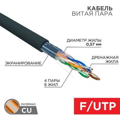 Кабель витая пара F/UTP, CAT 6, PE, 4PR, 23AWG, OUTDOOR, SOLID, черный, 305м REXANT | 01-0158 MEET