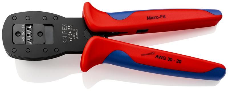 Пресс-клещи для миниатюрных штекеров параллельный обжим штекеры Micro-FiT™ Molex LLC кол-во гнёзд: 3 AWG 30-26/24-22/20 L-190 мм 2-компонентные рукоятки - KN-975425 KNIPEX