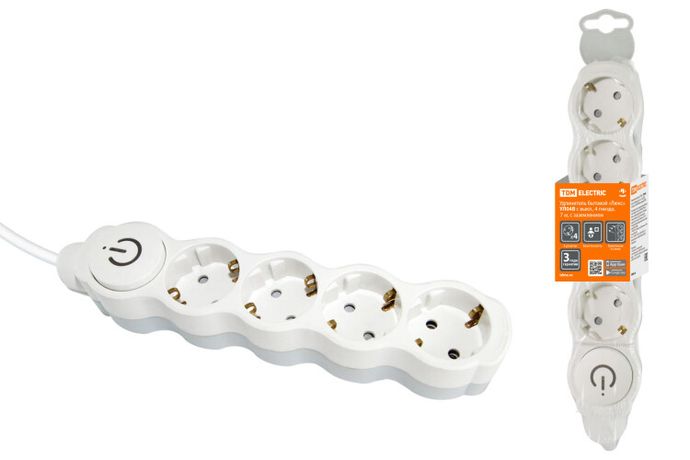 Удлинитель бытовой "Люкс" УЛ04В выкл, 4 гнезда, 7м, с/з, с з/ш, ПВС 3х1мм2 16А/250В бело-серый | SQ1303-0182 TDM